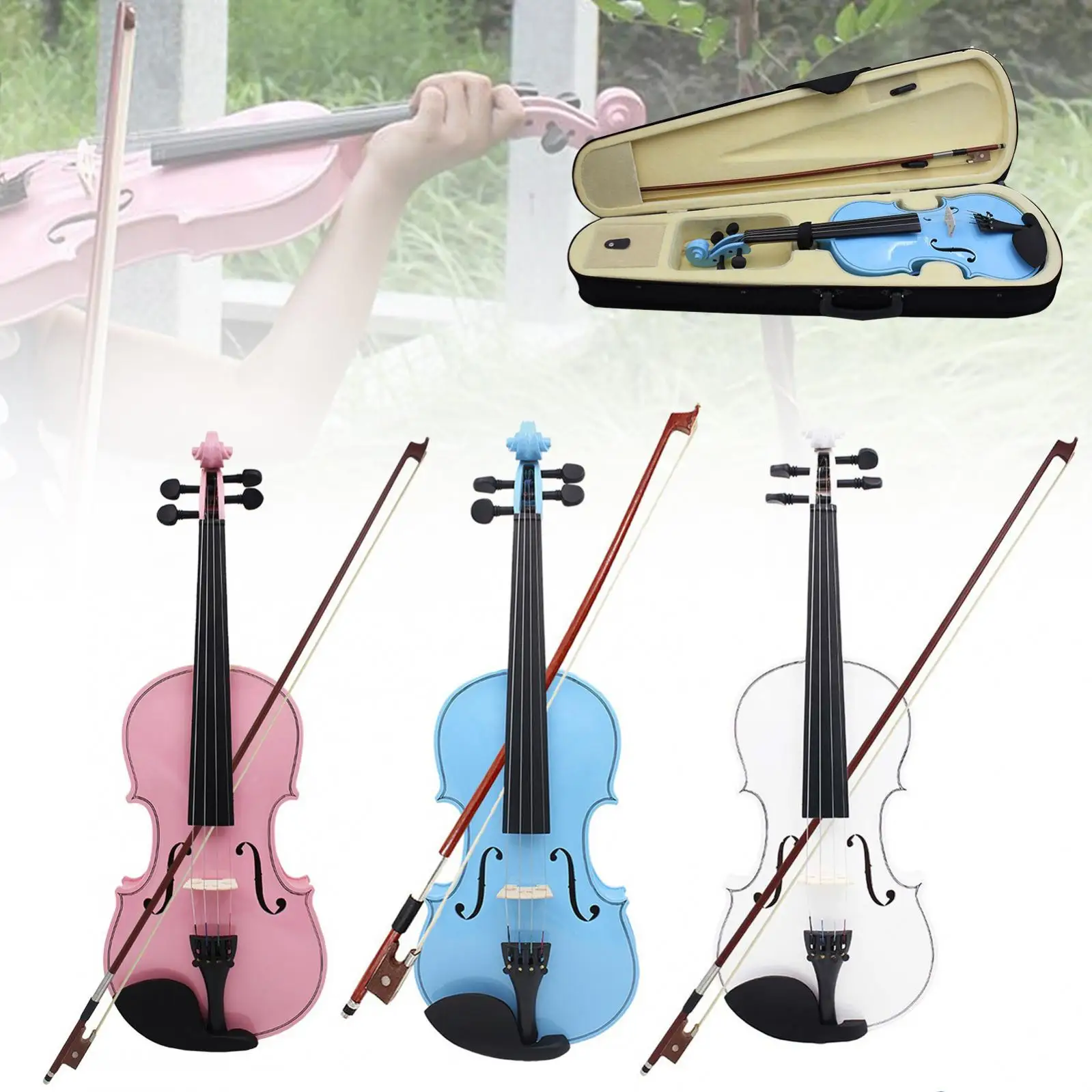 4/4 Full Size Solid Wood Acoustic Violin Violin Beginner with Bow & Case White / Blue / Pink Colors Fiddle