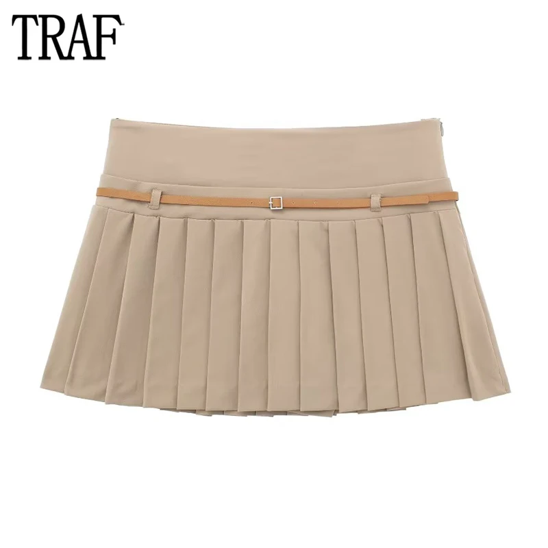 

TRAF 2024 Box Pleated Mini Skirt Women Camel Mid Rise Short Skirts for Women Fashion Office Skort Women Streetwear Woman Skirts