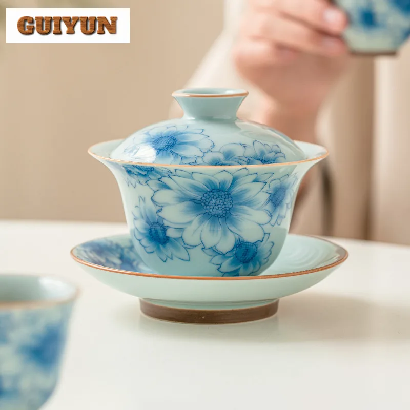 170ml Blue And White Sunny Flower Gaiwan Japanese Non Scalding Three Talented Tea Tureen Tea Making Cover Bowl Cafes Collection
