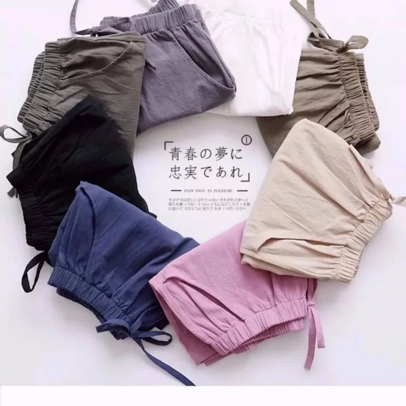 Women's Cotton Linen Shorts Summer Loose Casual Short Hot Pant Elastic Waist Solid Color Pocket Wide Leg Pants Baggy Sweatshorts