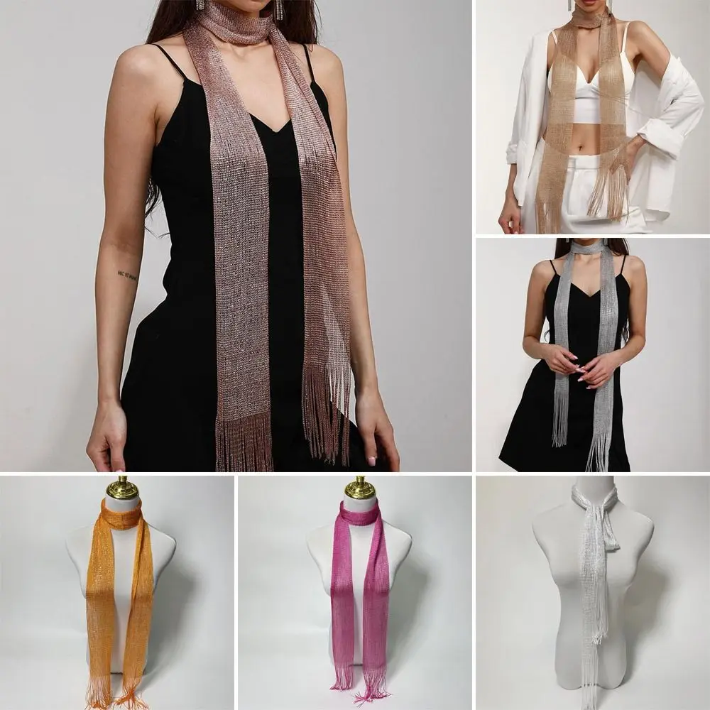 

Солнцезащитная шаль для ночного клуба, новинка, яркий шелк для женщин, кружевное вечернее платье с бахромой, шарф, блестящее Золотое и серебряное ожерелье