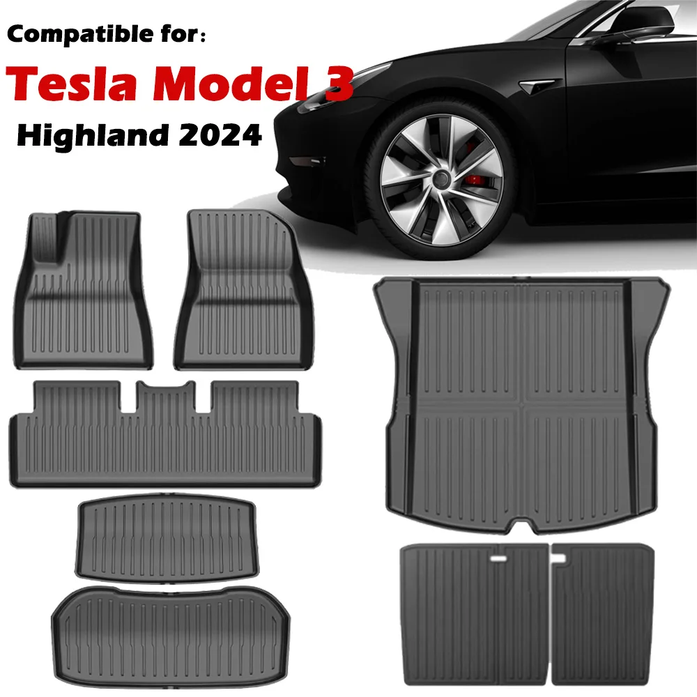 For Tesla Model 3 Highland TPE Floor Mats,All Weather Waterproof Anti-Slip Front Rear Cargo Liner Trunk Mat