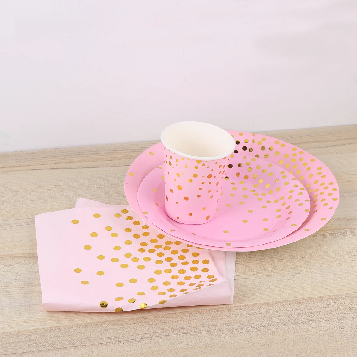 28pcs Bronzing Dot Disposable Tableware Set Paper Decorative Dinnerware Party Supplies for Wedding Birthday Festival (Pink and