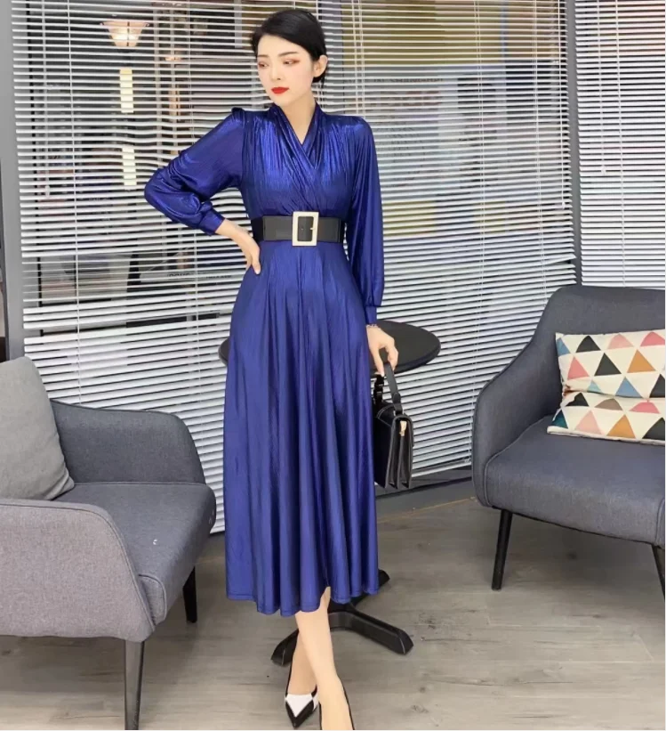 Robe Femme Élégante Mi-Longue - Col En V, Manches Longues, Ceinture - Tissu Polyester Doux - Pour Cérémonie, Cocktail, Bureau