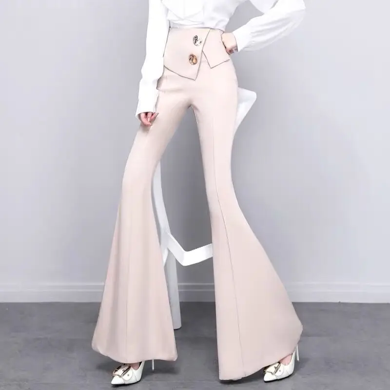 Women Designer Office Work Flare Floor Length Pants Bell Bottom Leggings Skinny High Streetwear Business Trousers Buttons Decor