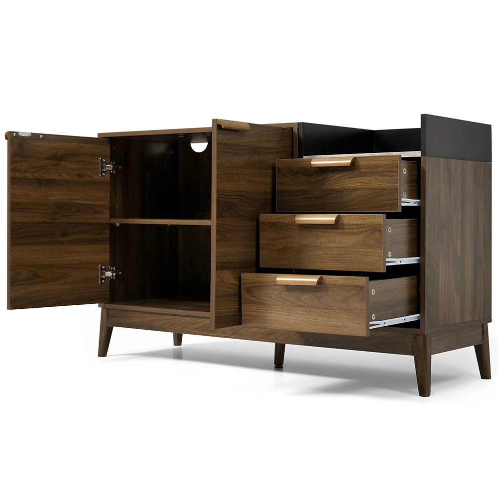 KOMHTOM Wohnzimmer Kommode in Eiche Dekor mit Marmor-Optik Platte - 3 Schubladen & Doppeltürschrank - Massivholzbeine – Detail 8