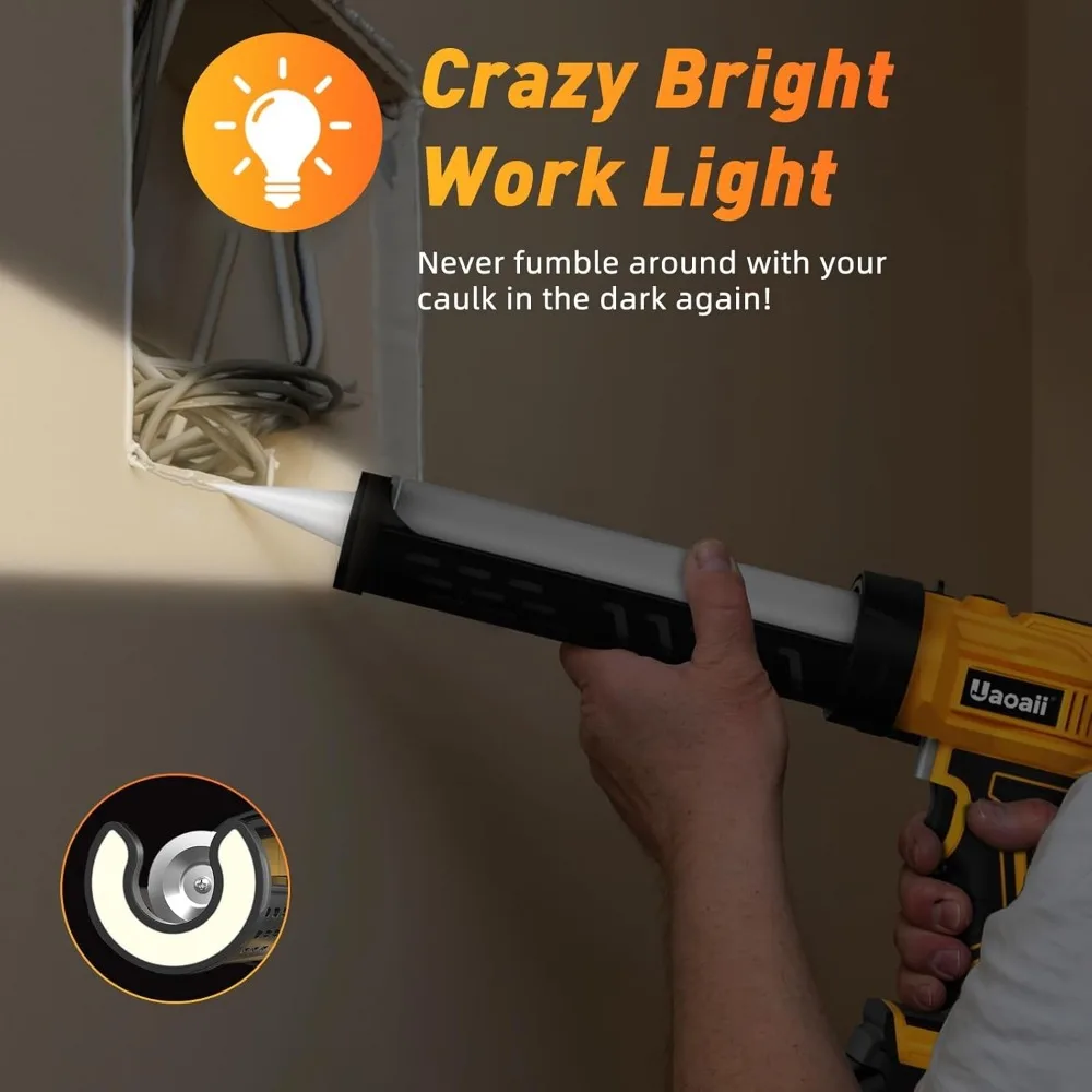 Cordless Caulking Gun W/ 2 Batteries, Uaoaii Electric Caulking Gun Battery Operated W/ 4 Adjustable Speeds, LED Light