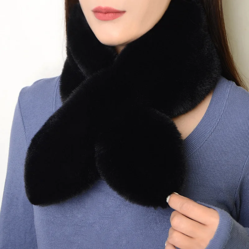 Scarf Accessories Plush Imitation Rabbit Fur Scarf Winter Thicken Cross Fake Fur Scarfs Solid Elegant Neckerchief Wrap Neck Warmer Outdoor Decor