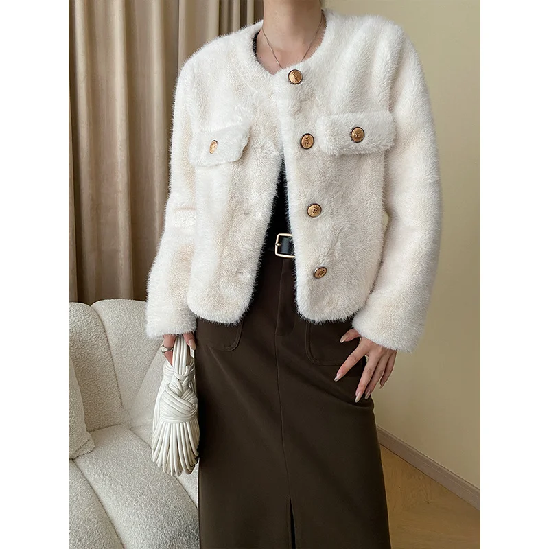 Шуба Женская Толстая из французского меха норки, Повседневная модная свободная шуба из искусственного меха черного цвета с круглым вырезом, на осень-зиму