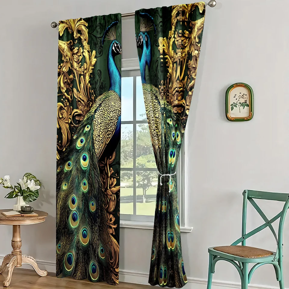 Rideaux Bohème 2 Panneaux - 280x260 Cm - Motif Plumes De Paon - Multicolore