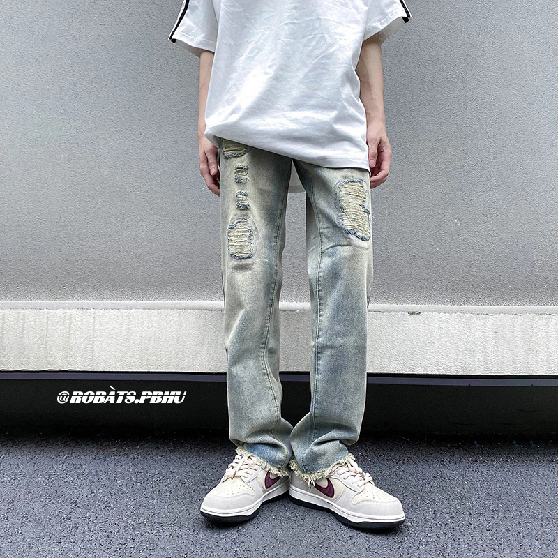 CUMUKKIYP Ripped Jeans Men Y2k Baggy Streetwear Straight Fashionable Wide Leg Denim Pants Washed Vintage Light Blue