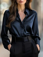 Elegant  Satin Long Sleeve Blouse for Women   Button-Up Collar Shirt Perfect for Casual or Professional Wear - Image 5