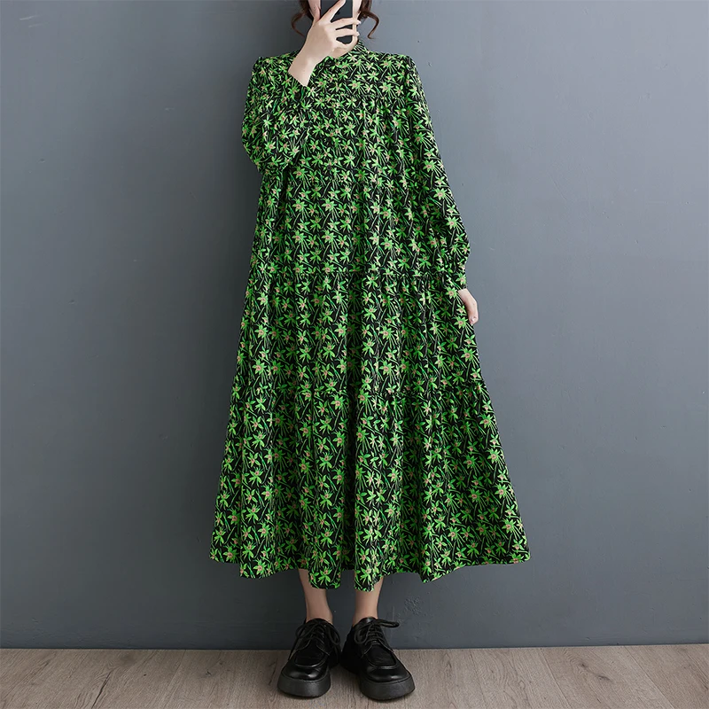 

2024 New Arrival Stand Collar Patchwork Print Floral Chic Spring Blouse Dress Street Fashion Women Autumn Casual Loose Dress