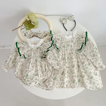 여아 원피스 꽃무늬 원피스, 여름 유아 롬퍼, 신생아 공주 프린트 드레스, 어린이 쌍둥이 자매 매칭 옷