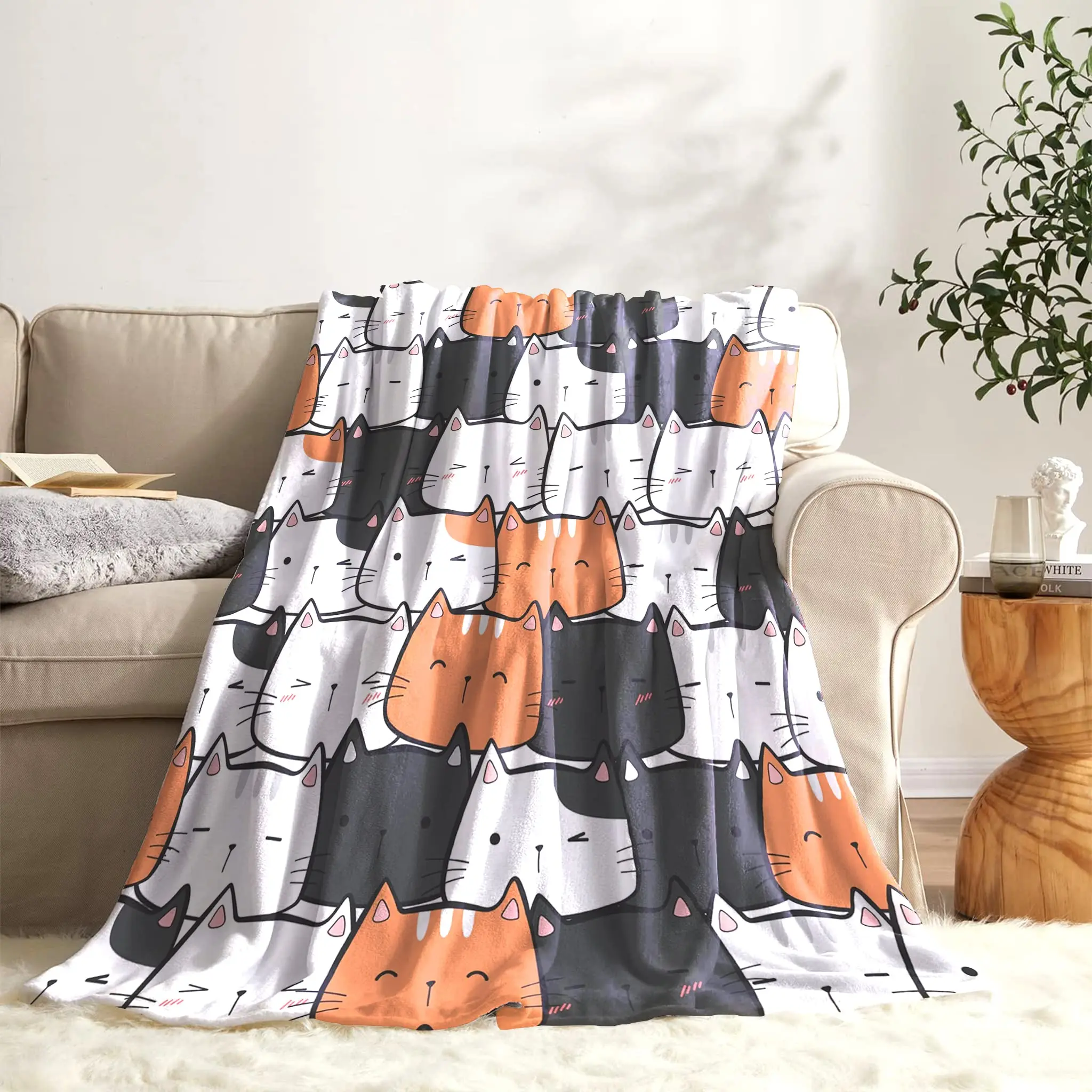 

Cute Cartoon Cat Kids Blanket Fluffy Soft Warm Cozy Kitty Print Throw Blankets Flannel Plush Bed Sheet Bedspread for Bedroom