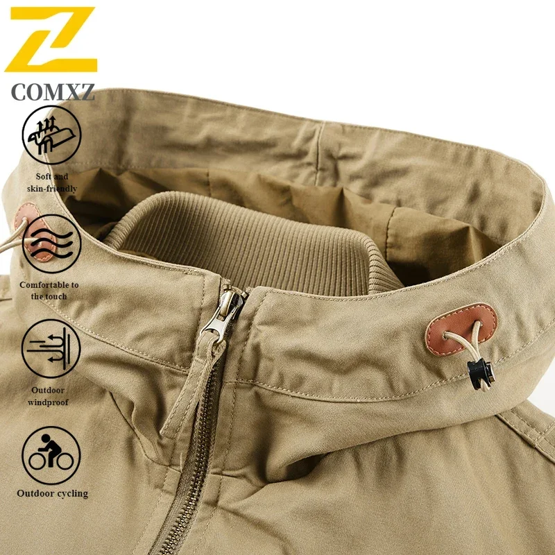 EiAO Autumn Work Jacket Men's Trendy Retro Pure Cotton Detachable Cap Windproof Jackets Male Travel Camping  Loose Flying Coat