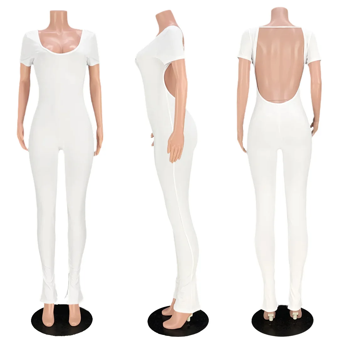 Lady Summer Backless Jumpsuit Solid Color Women Fashion Sexy Short Sleeve Slim Jumpsuit