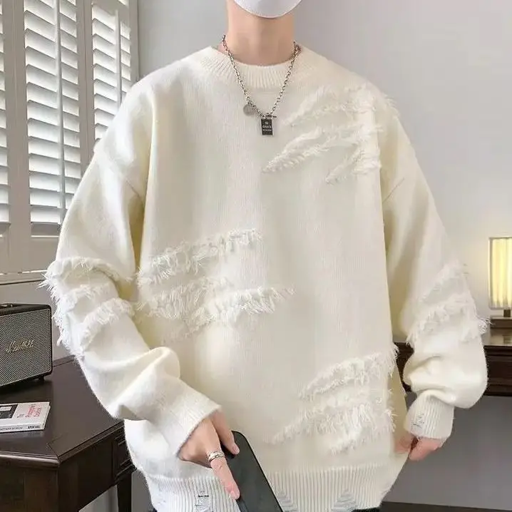 Fashion Solid Autumn Winter Loose Long Sleeve T-shirt Men Pullover Soft Solid Patchwork Irregular Pattern Sweater Warm