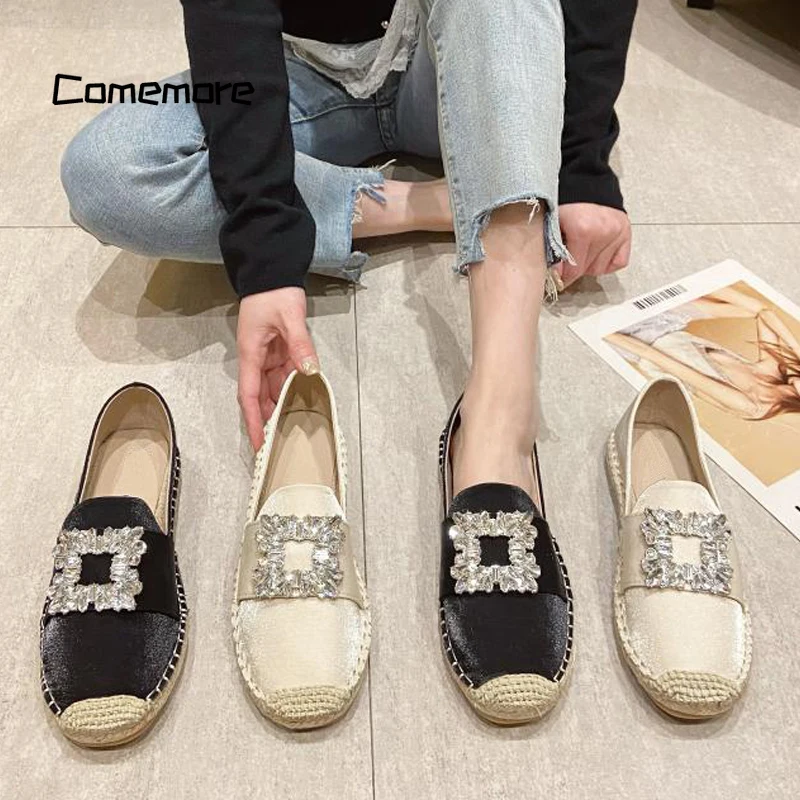 Comemore Woman Crystal Buckle Loafers Ladies Design Elegant Slip-on Fishman Shoes Luxury Satin Silk Espadrille Moccasins Size 43