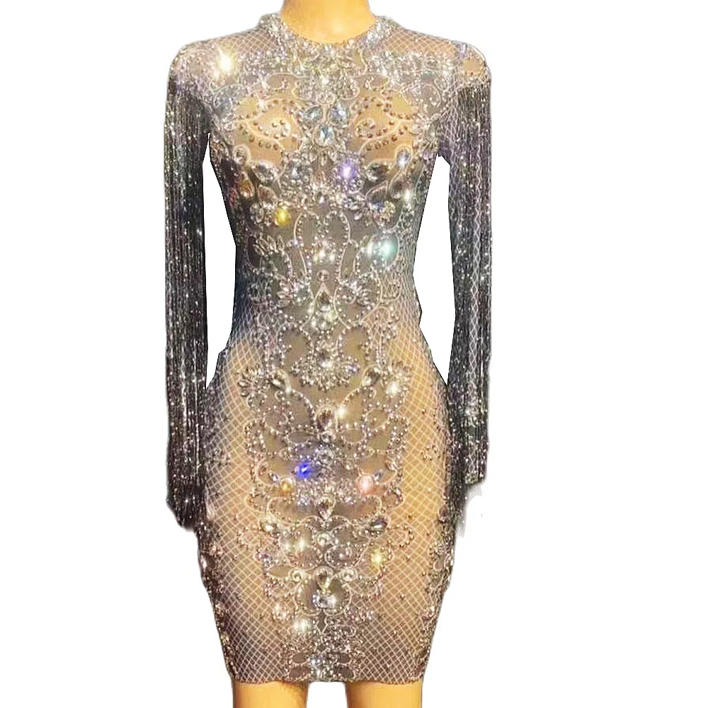 

Shining Sparkle Crystal Rhinestones Dress Mesh Sexy Tassel Zipper Club Women Dancer Stage Festival Outfit Drag Queen