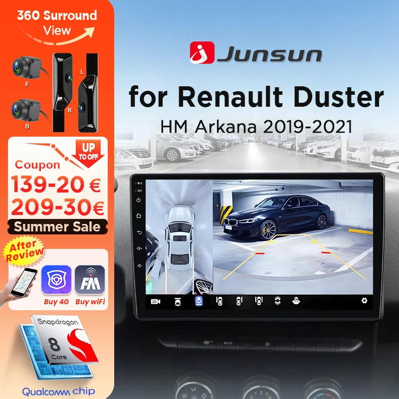 Junsun 360 ° Rückfahrkamera Autoradio für Renault Duster Dacia HM Arkana 2019-2021 Kabelloses CarPlay Android Auto Stereo GPS-Navigation 4G Cloud eSIM LTE