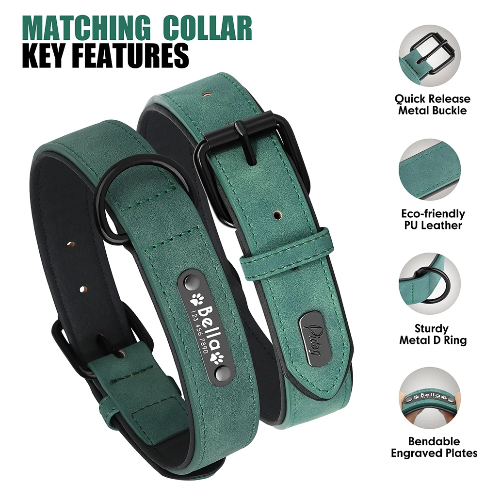 Dog Collar Pet Harness Leash Set Pet Harness Set Pet Leash Set Personalized PU Leather Dog Collar Leash Set Soft Padded Dog Collars Engraved Pet ID Necklace With Lead for Small Large Dogs Pug