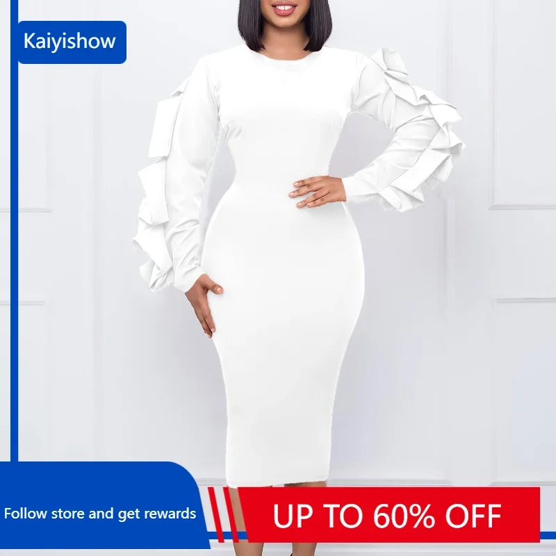 Women Ruffle Bodycon Dress High Waist O Neck Knee Length Tight Classy Modest Office Ladies Package Hip African Female Party Rob women s pencil skirt sexy ruffled sleeve pocket hip skirt off shoulder ruffled design tight dress vestidos mujer ladies party