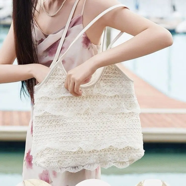 JIAERDI Fairycore Aesthetic Lace Beige Shoulder Bags Women 2025 Spring Summer Large Capacity Tote Bag Hot Girls Y2k Handbag Chic