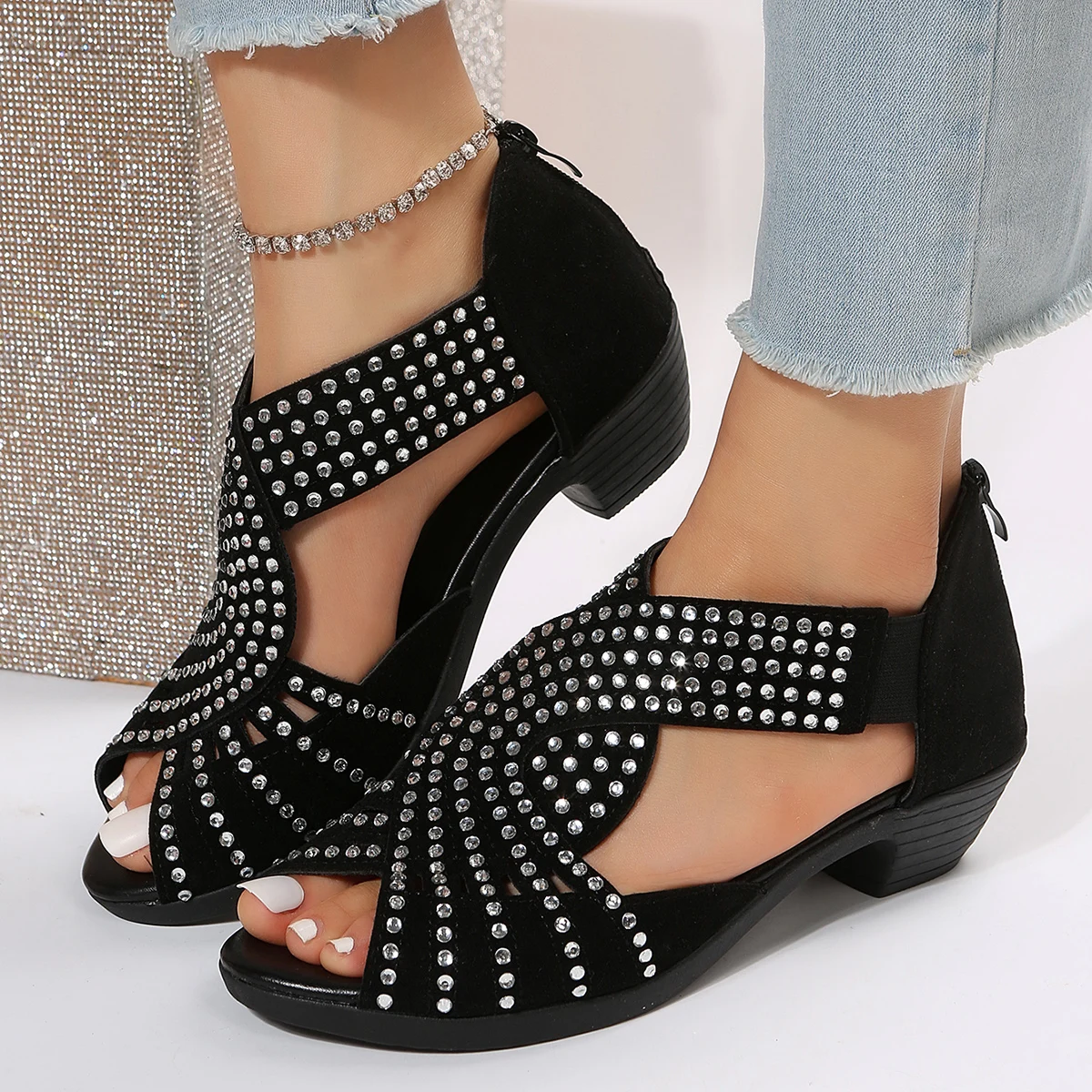 2023 New Fashion Comfortable Sandals Women's Rhinestone Zipper Crystal Indoor Shoes Women's Open Toe Shoes