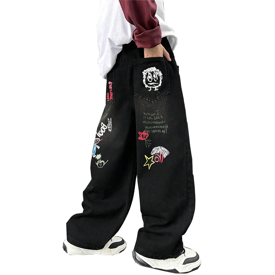 Boys' jeans, boys' spring and autumn styles, black graffiti straight leg pants
