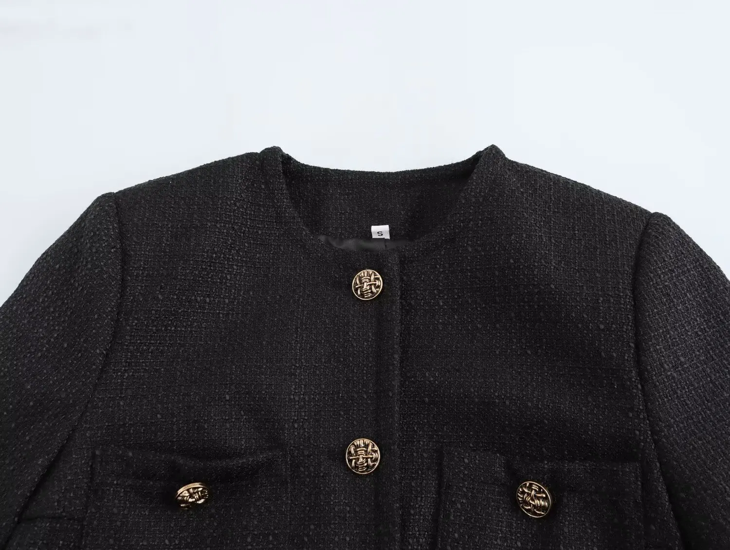 Abrigo de tweed negro de lana suave con cuello redondo para otoño, chaqueta corta vintage con bolsillos delanteros y botones de un solo pecho, chaqueta elegante