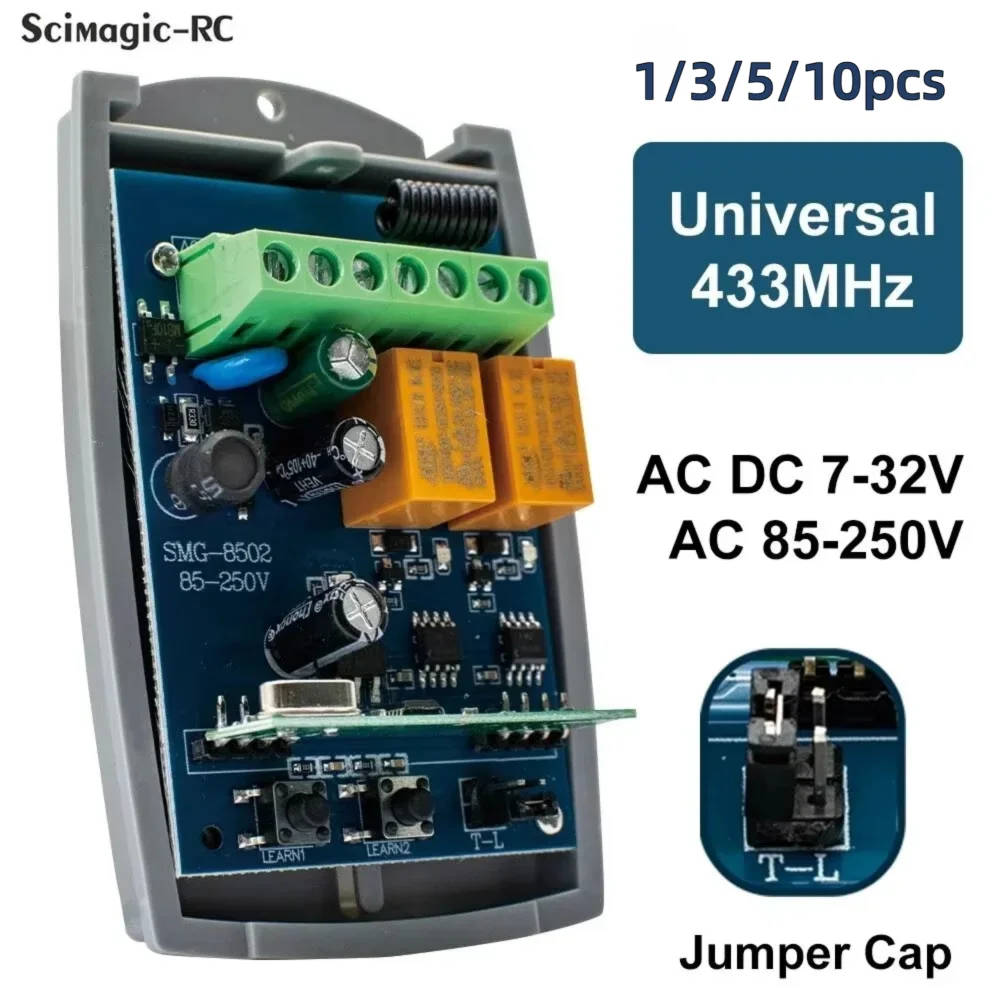 433.92MHz Universal Garage Door Remote Control Receiver AC DC 7-32V 85-250V Switch Module 2CH 433 Rolling Code Momentary Toggle