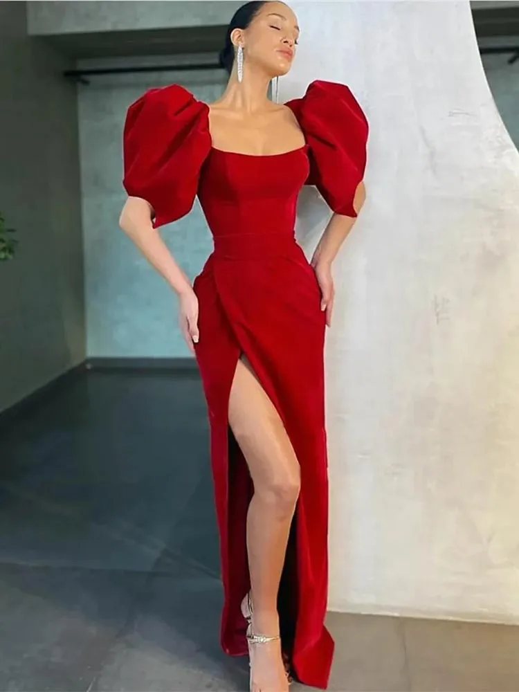 

Wine Red Velour Long Evening Dress Puff Sleeves Square Neck High Side Slit Floor Length Dubai Party Prom Gown