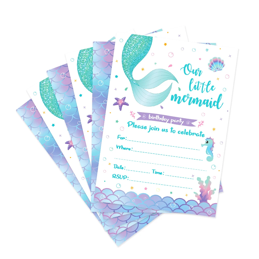 10X Cartoon Mermaid Shell Invitation Letter Girls Wedding Birthday Party Single Page Greeting Cards Baby Shower Party Decoration