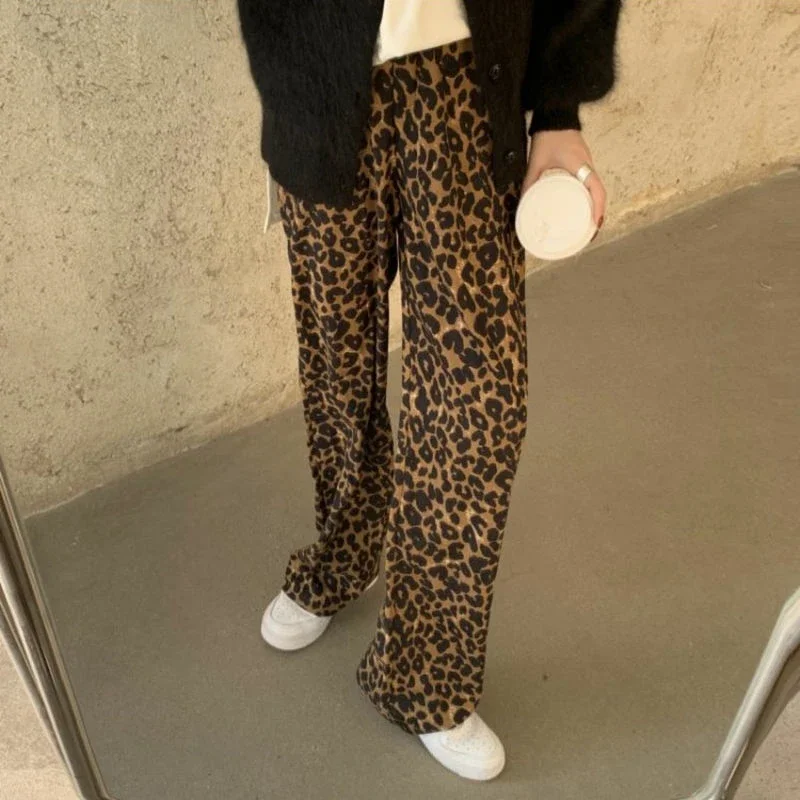 

Fashion Leopard Women's Pants 2024 Summer Casual Elastic High Waist Wide Leg Pants Woman Streetwear Hip-Hop Trousers