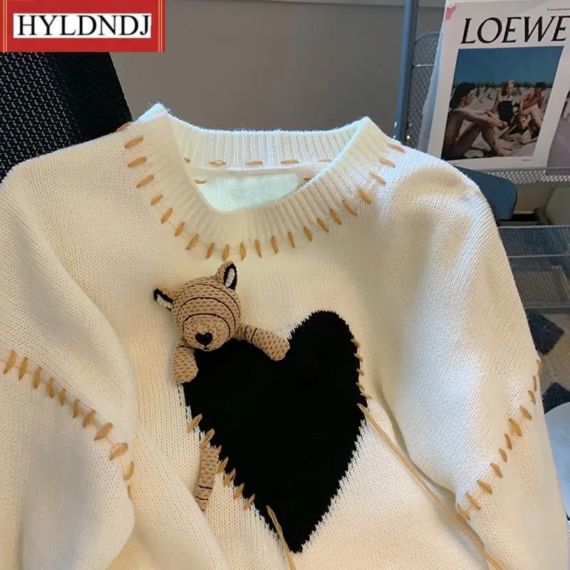 Top Na Co Dzień Nowa Jesienna Zima Misiem, Sercem Wzór Sweter Vintage O-Neck Swetry Bluza W Stylu Harajuku Topy Luźne Słodkie Słodkie Dziania
