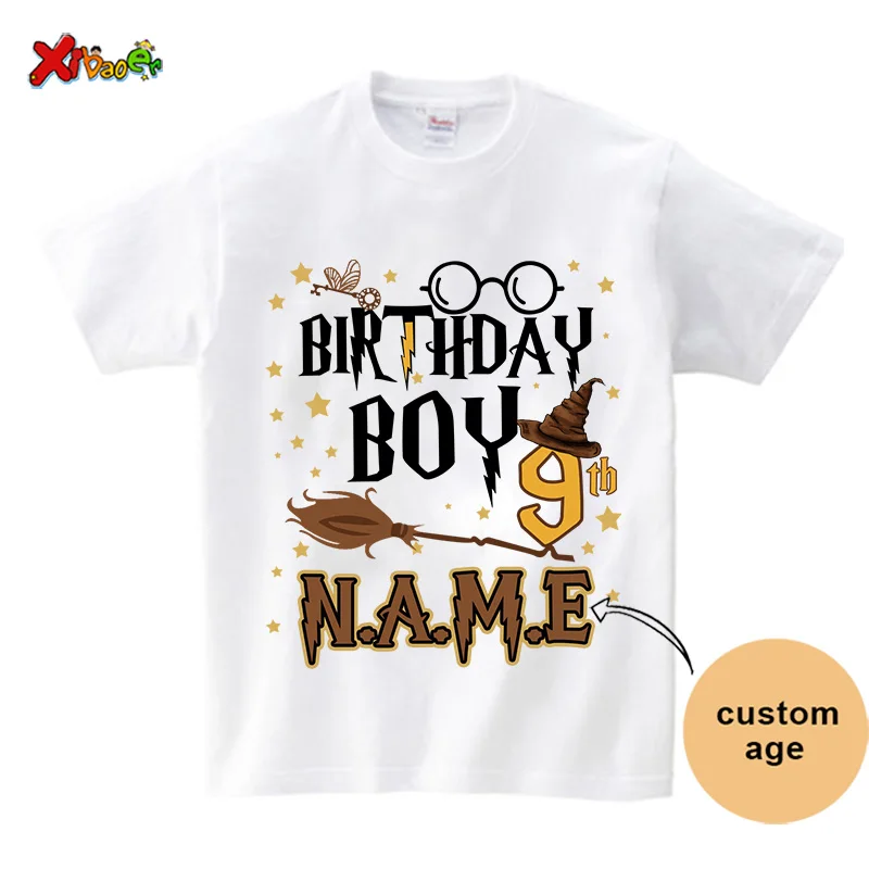 Magic Broom Wizard Birthday Boy Shirt Family Matching Outfits Personalized Name Shirts Kids 9th Birthday Party Children Outfits 2