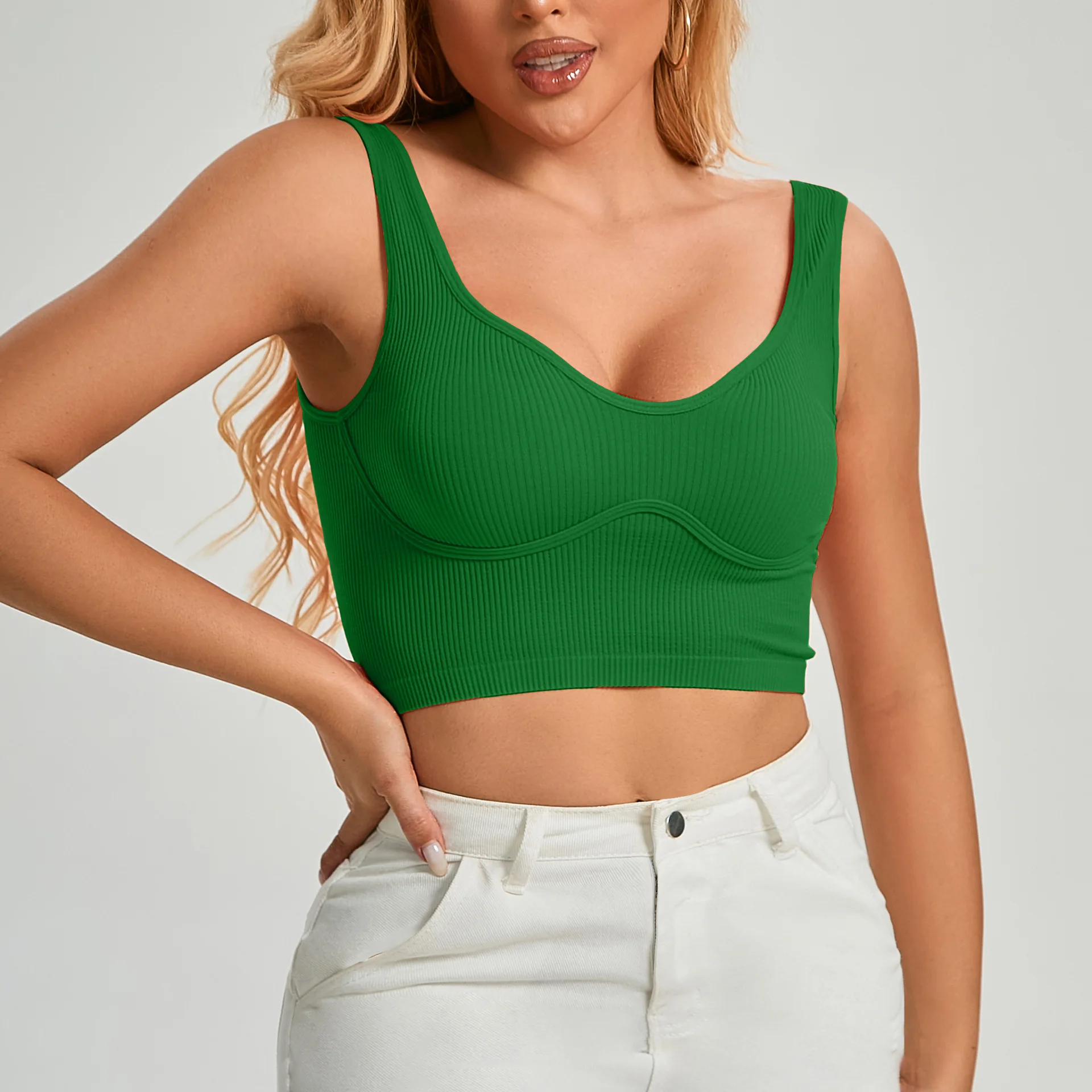 Damen-Tanktops, bauchfrei, nahtlos, Rippstrick, Camisole, Riemchen, Racerback, kurze Hemden, Rippstrick – Detail 21