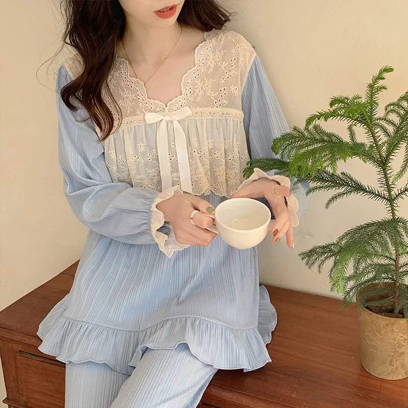 Lady's Pajama Retro Sets Sweet Striped Ruffles Long-sleeved Top With Bow Trousers Two-piece Sleepwear Suit Lace Cotton Homedress