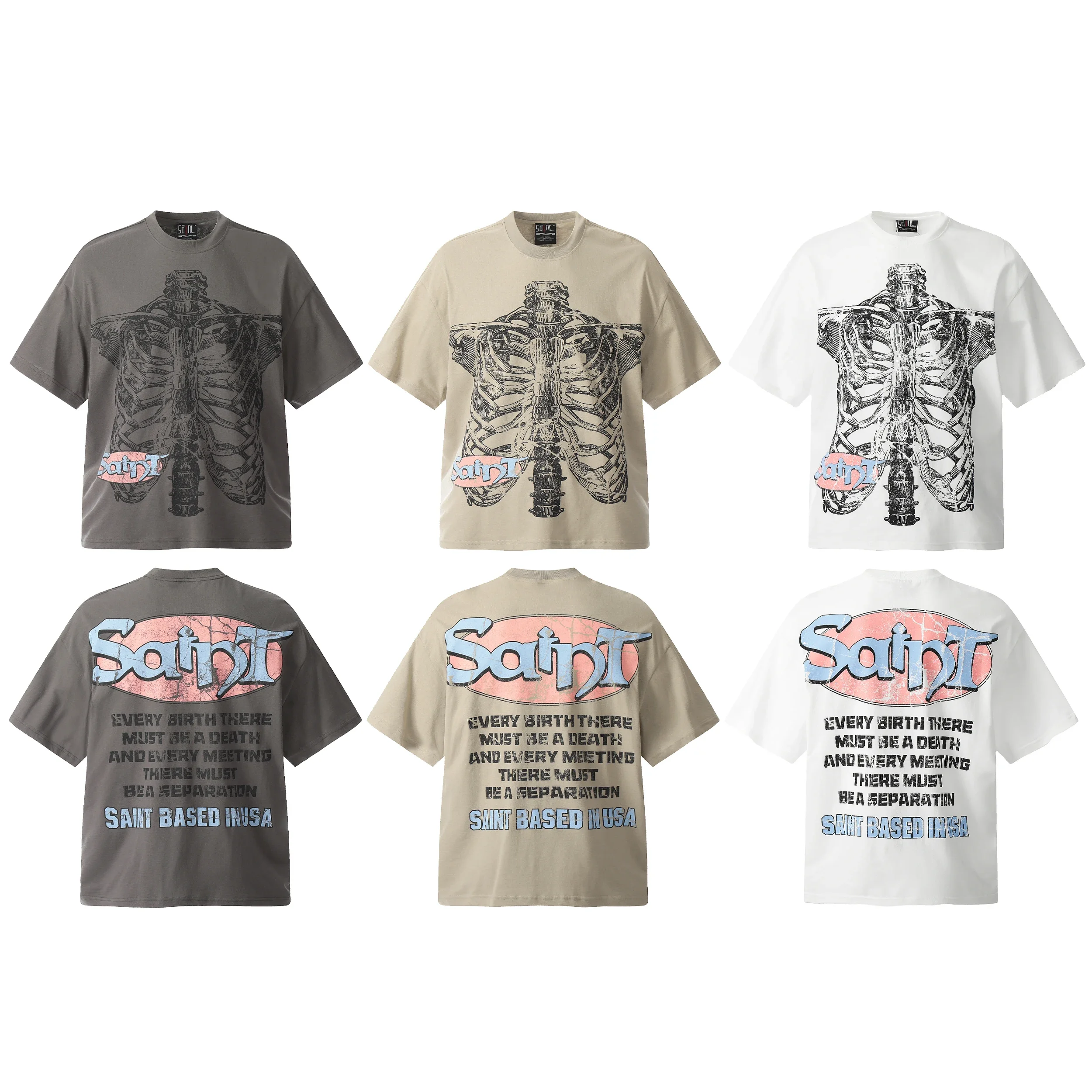 

Summer Saint Michael Skeleton Print Apricot T-Shirt Men Women Top Vintage Cotton Tee Short Sleeve Japan Style T Shirt