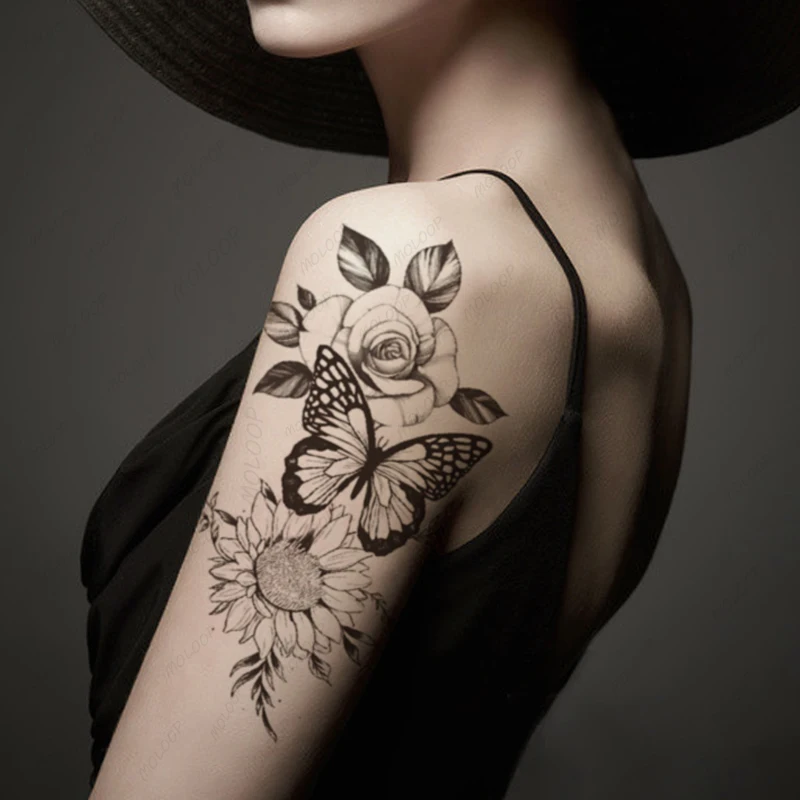 

Tattoo Sticker Black Butterfly Sunflower Rose Flower Waterproof Temporary Fake Tattoos Flash Tatoos Arm Body Art for Women