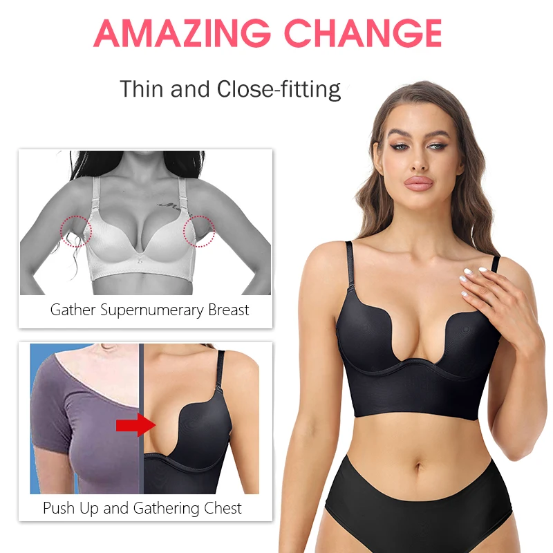 Sexy Plunge Bra Deep U Push Up Underwear Women Invisible Low Cut Backless  Shapewear Padded Wedding Lingerie Multi-way Bralette