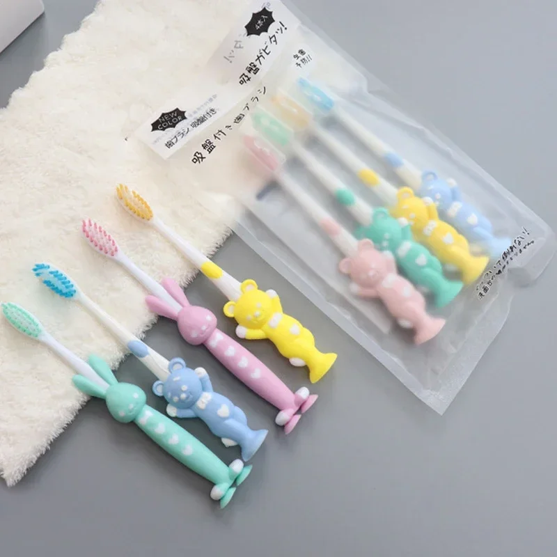 4pcs/set Children's Soft Toothbrush Cute Bear And Rabbit Brush Dental Care Baby Toothbrushes With Suction Cup Oral Items