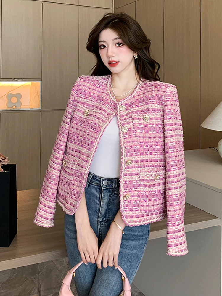 

High Quality Korean Autumn Elegant Simple Tweed Jacket Coat Women Fashion Pink Long Sleeve Single-Breasted Jackets Outerwear