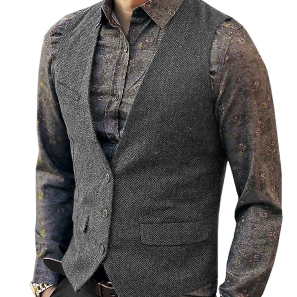 

2023 NEW Men's Herringbone V-neck Suit Vests Fashion Formal Slim Fit Business Dress Waistcoat For Tuxedo Real Pockets