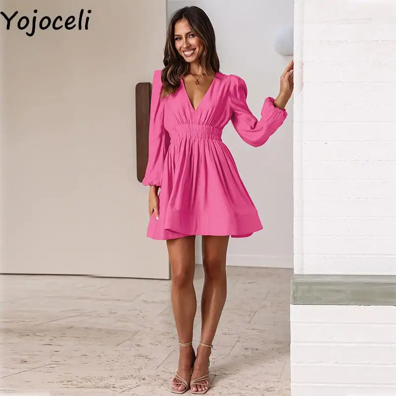 

Yojoceli Autumn women solid color v neck dress Elegant casual female skate dress White summer short cute dress vestidos