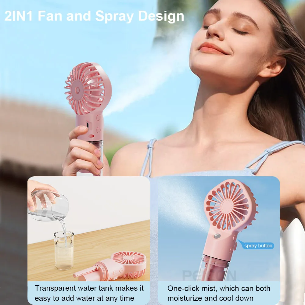 Compact USB Rechargeable Mist Fan - Handheld Low Noise Cooling with 4-Speed Settings