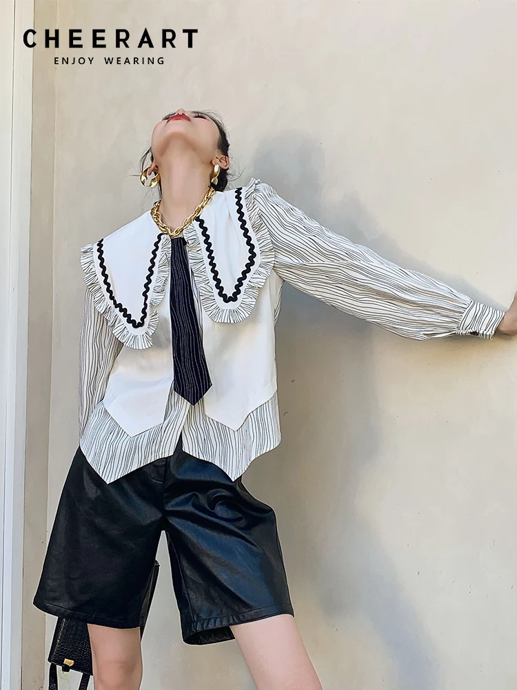 

Женская Асимметричная рубашка CHEERART, белая блузка с длинными рукавами, оборками и волнистым принтом, одежда в Корейском стиле на осень, 2022