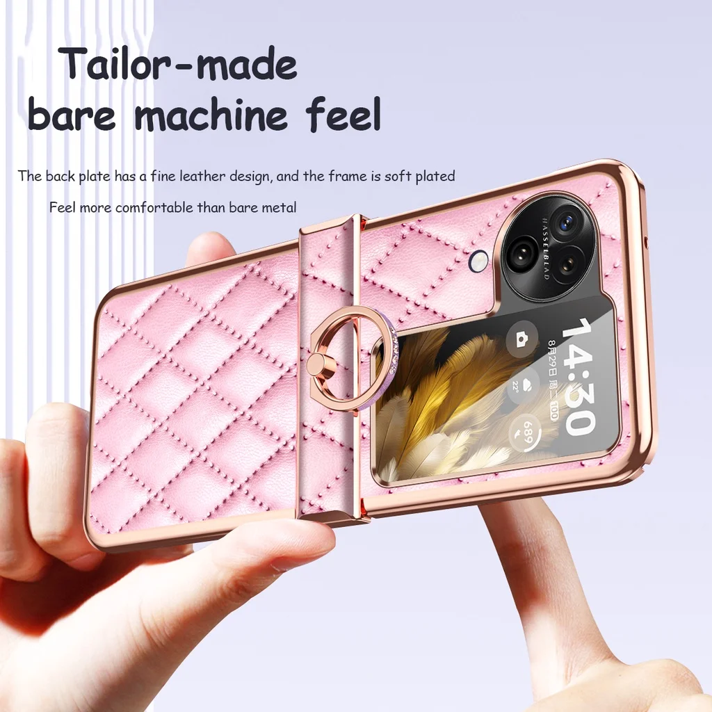 Luxury Rhombus Leather Ring Stand Case For OPPO Find N3 Flip Plating Metal Frame Lens protective Flash Drilling Bracket Cover