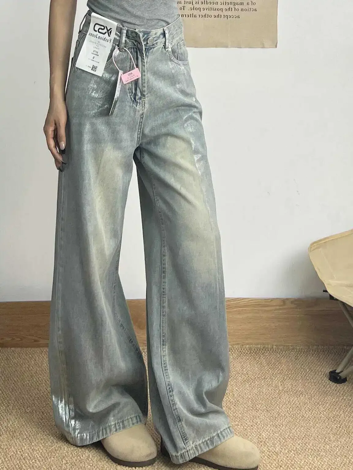 Grey Jeans Women 90s Vintage Personality High Waisted Straight Trouser Streetwear Casual Loose Girl Wide Leg Classic Denim Pants 4